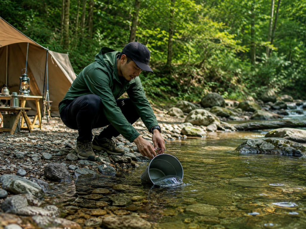 キャンプで沢水をバケツにくむ様子